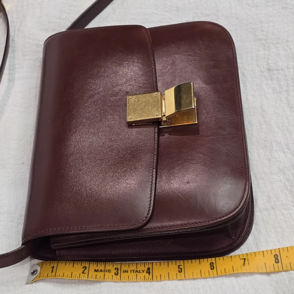 Celine Classic Box Leather Medium Bag Flap Purse Teen Triomphe Burgandy Brown - Picture 10 of 16